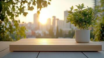A potted plant sits on a wooden table with a city view photo