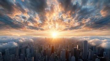 A city skyline with the sun rising over the clouds photo