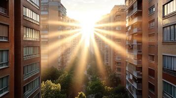 Sunbeams shining through the window of a high rise apartment building photo