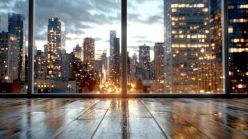 An empty room with a view of the city at night photo
