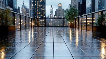 A wet cityscape with a view of the city skyline photo