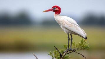 A white bird with a red beak standing on a branch photo