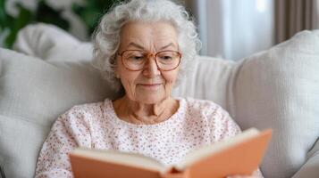 An older woman wearing glasses is reading a book photo