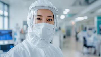 A woman wearing a protective suit and mask photo
