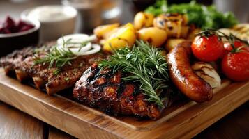 Grilled meat and vegetables on a wooden cutting board photo