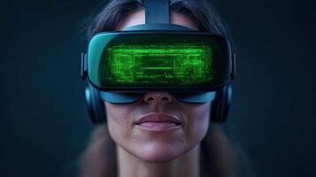 A woman wearing a green virtual reality headset photo