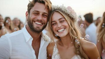 A man and woman are smiling while standing in front of bubbles photo