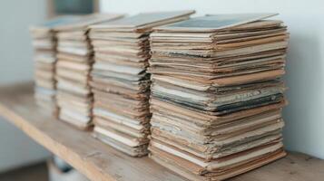 A stack of old books on a wooden shelf photo
