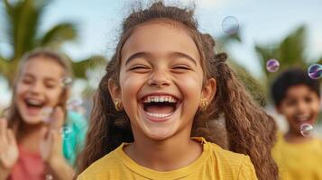 A group of children laughing and having fun photo