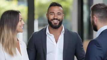 Three business people smiling and talking photo