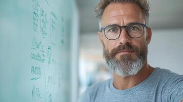 A man with glasses and a beard is looking at a whiteboard photo