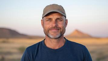 A man in a hat and blue shirt standing in the middle of a field photo