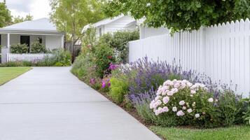 A white picket fence with flowers and shrubs photo