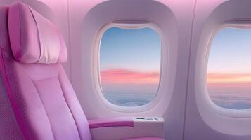 Pink seats on an airplane with a view of the sky photo
