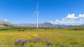 Wind turbine in the middle of a field with flowers photo