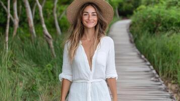 A woman in a white dress and hat walking on a path photo
