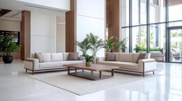 Modern living room with white furniture and large windows photo
