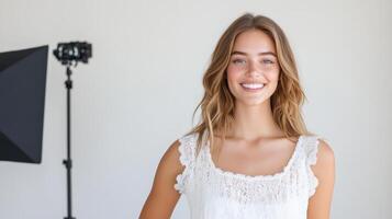 A woman in a white dress is smiling in front of a camera photo