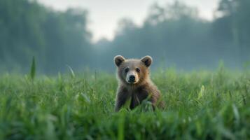 A bear cub in a field of green grass photo