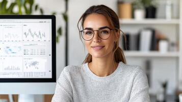 A woman wearing glasses sits at a desk with a computer screen photo
