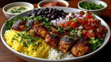 A bowl of rice, beans, and chicken with a side of salsa photo