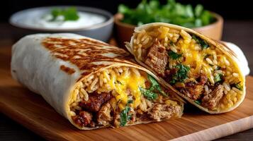 Chicken and rice burrito with sour cream and cheese photo