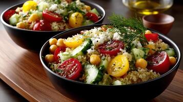 Two bowls of food with vegetables and cucumbers photo