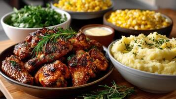 A table with bowls of food, including mashed potatoes, corn and chicken photo