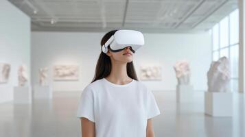 A woman wearing a virtual reality headset in an art gallery photo