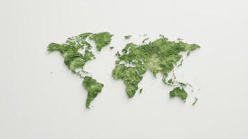 A green world map made of grass on a white background photo