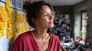 A woman wearing glasses and a red shirt is standing in front of a wall with sticky notes on photo