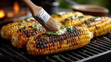 Grilled corn on the cob with butter and herbs photo