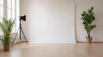 Empty room with white backdrop and tripod photo