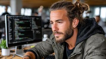 A man with a ponytail and beard sitting at a desk with a computer photo