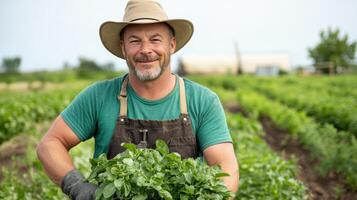 A smiling man in a hat holding a bunch of green vegetables photo