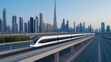 A futuristic train traveling on a highway in front of a city photo