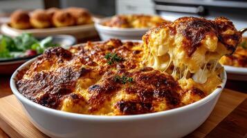 A bowl of macaroni and cheese being lifted from the top photo