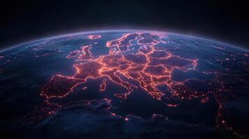 Europe and european countries at night, with lights and city lights in the background photo
