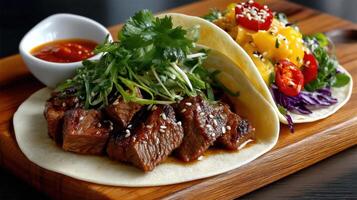 A steak taco with vegetables and sauce on a wooden board photo