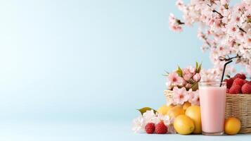 Cherry blossom and fruit on blue background photo