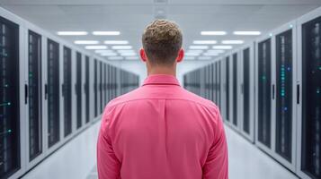 A man in a pink shirt standing in a server room photo