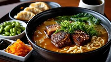A bowl of ramen with meat, vegetables and dumplings photo