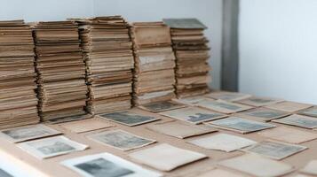 A table with old photographs on it photo