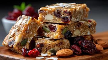 A stack of bars with nuts and dried fruit photo