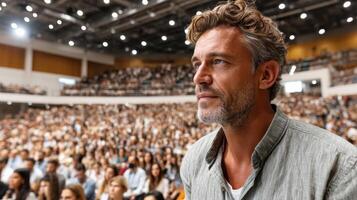A man is standing in front of a crowd photo