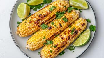 Grilled corn on the cob with lime wedges photo