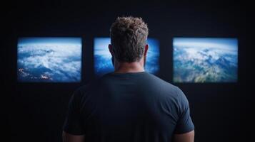 Man looking at three screens showing earth and space photo
