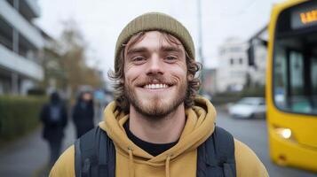 A man smiles while standing in front of a bus photo