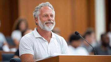 A man with a beard and white shirt sitting at a podium photo