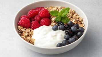 Granola with yogurt, berries and mint photo